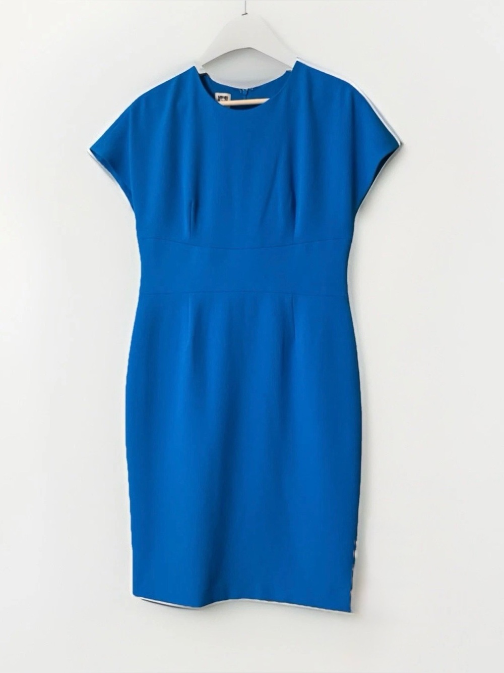 Ann Klein blue straight sheath defined waist lined knee length dress